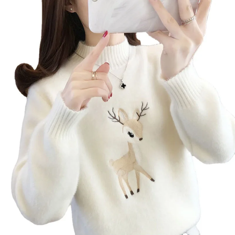 Christmas Sweater Women Faux Mink Cashmere Half High Collar Pullover Fleece Winter Clothe Cartoon Embroidered Deer Print Sweater
Christmas Sweater Women Faux Mink Cashmere Half High Collar Pullover Fleece Winter Clothe Cartoon Embroidered Deer Print Sweater