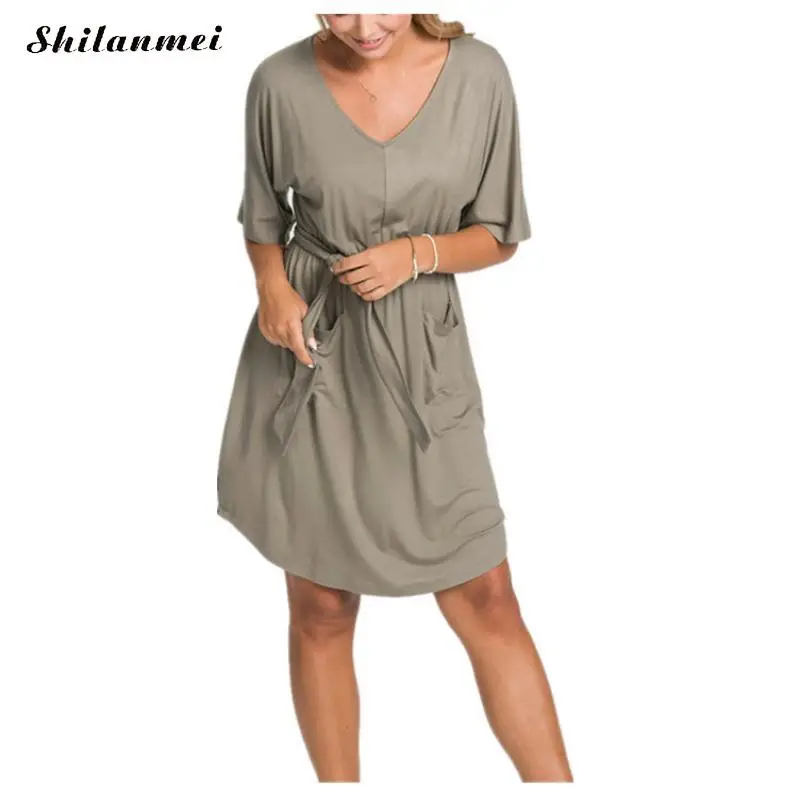 Women Casual Loose Dress Solid Color Lace-Up Short Dress With Belt Summer Fashion Pockets Plus Size Dresses Feminine Vestidos
Women Casual Loose Dress Solid Color Lace-Up Short Dress With Belt Summer Fashion Pockets Plus Size Dresses Feminine Vestidos