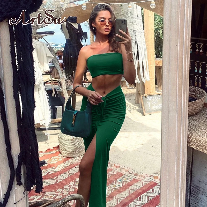 Sexy Strapless Slit Drawstring Ruched Dress Sets Fall Outfits Women Matching Set Elegant Club Party 2 Piece Set
Sexy Strapless Slit Drawstring Ruched Dress Sets Fall Outfits Women Matching Set Elegant Club Party 2 Piece Set