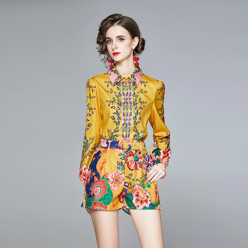 Fashion Runway Autumn Shorts Two Piece Set Women's Flower Printed Long Sleeve Shirts Blouses Belted Pocket Mini Pant Set k1833
Fashion Runway Autumn Shorts Two Piece Set Women's Flower Printed Long Sleeve Shirts Blouses Belted Pocket Mini Pant Set k1833