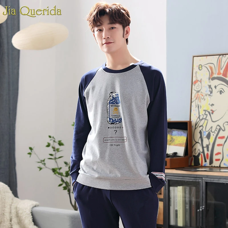 Big Size Pajamas Sleeping Suits for Men 100% Cotton Long Sleeve Pants Printing Chic Cuff Autumn Winter Set | Мужская одежда