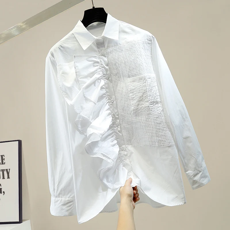 Fashion Design Women's White Blouse New Three-dimensional Lotus Leaf Stitching Pocket Pleated Single-Breasted Loose Shirt Blusas
Fashion Design Women's White Blouse New Three-dimensional Lotus Leaf Stitching Pocket Pleated Single-Breasted Loose Shirt Blusas