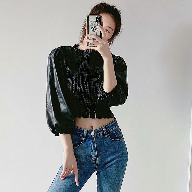 Nlzgmsj Za Blouse Women Lantern Sleeve Elastic Ruched PU Leather Crop Shirt French Wood ears Ruffles O Neck Women Blouse
Nlzgmsj Za Blouse Women Lantern Sleeve Elastic Ruched PU Leather Crop Shirt French Wood ears Ruffles O Neck Women Blouse