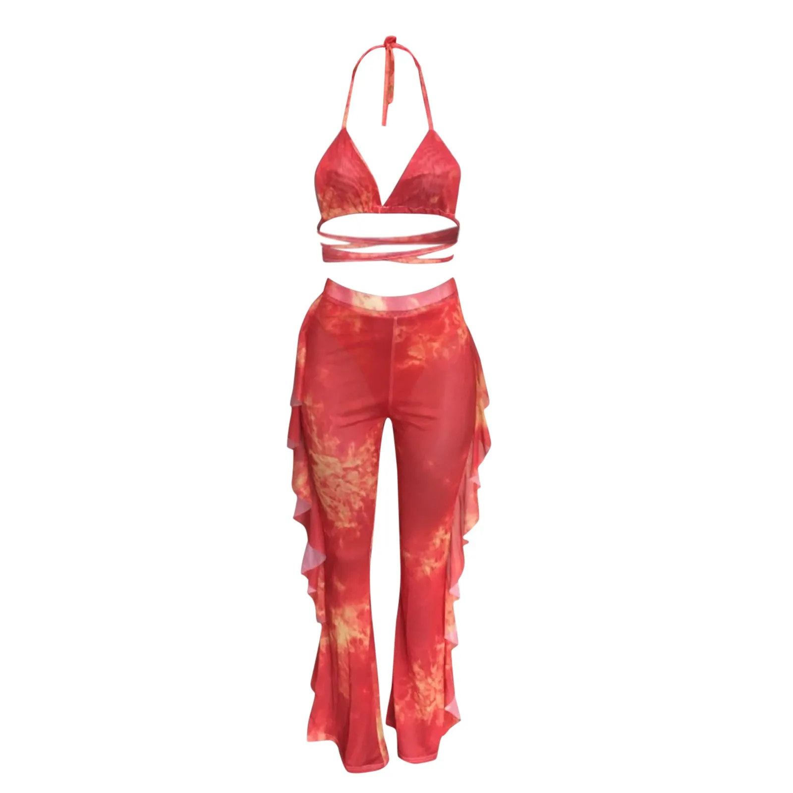 56# Tie Dye Printing Mesh Summer Beach 3 Piece Sets With Panties Women Sexy Bra Halter Crop Tops Ruffle Wide Leg Pants Clubwear
56# Tie Dye Printing Mesh Summer Beach 3 Piece Sets With Panties Women Sexy Bra Halter Crop Tops Ruffle Wide Leg Pants Clubwear