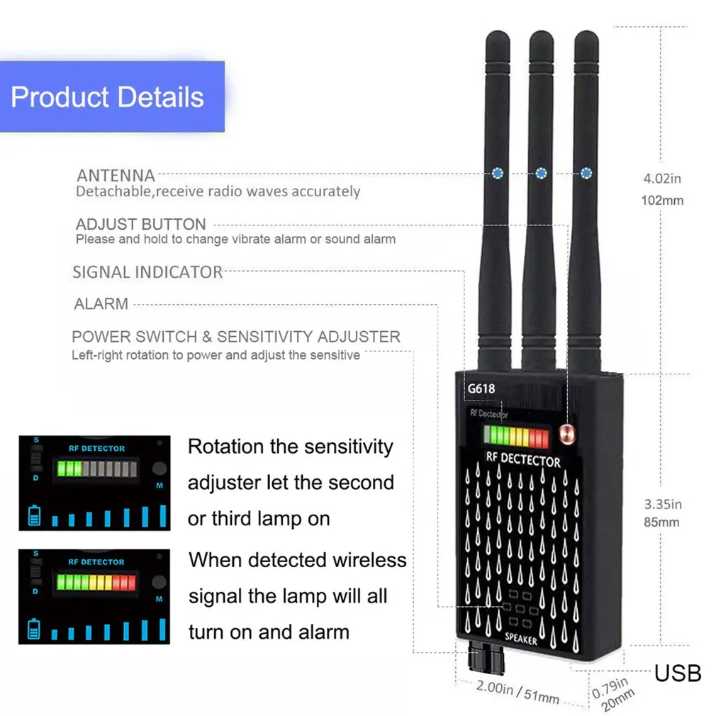 Detector 3 Antenna RF CDMA Signal Finder For GSM Bug GPS Tracker Wireless Camera Eavesdropping G618
Detector 3 Antenna RF CDMA Signal Finder For GSM Bug GPS Tracker Wireless Camera Eavesdropping G618