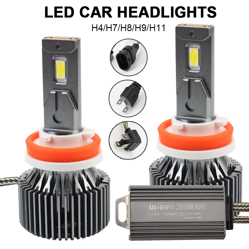 

12V 1200W 6000K 14000LM Car LED Headlight H4 H7 H11 H8 H9 Bulb Fog Light L/H Beam Super Bright Auto Accessories 2pcs 18 LEDs