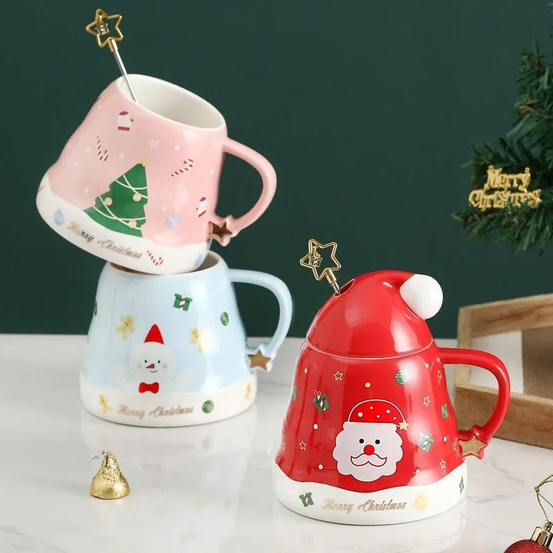 

Christmas Tree Ceramic Mug with Cover Star Spoon Santa Claus Gingerbread Man Cup for Tea Coffee Kids Kawaii Breakfast Mugs Gift