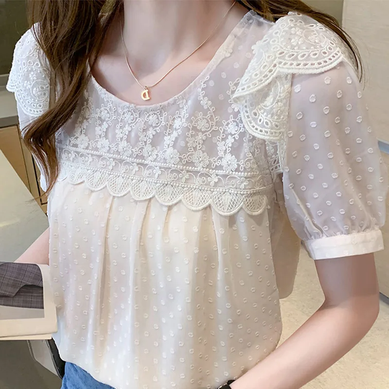 Korean Puff Sleeve Short Sleeve Women Tops Summer Ruffled Lace Polka Dot Chiffon Shirt New Slim Loose Blouse Blusas Mujer 14437
Korean Puff Sleeve Short Sleeve Women Tops Summer Ruffled Lace Polka Dot Chiffon Shirt New Slim Loose Blouse Blusas Mujer 14437