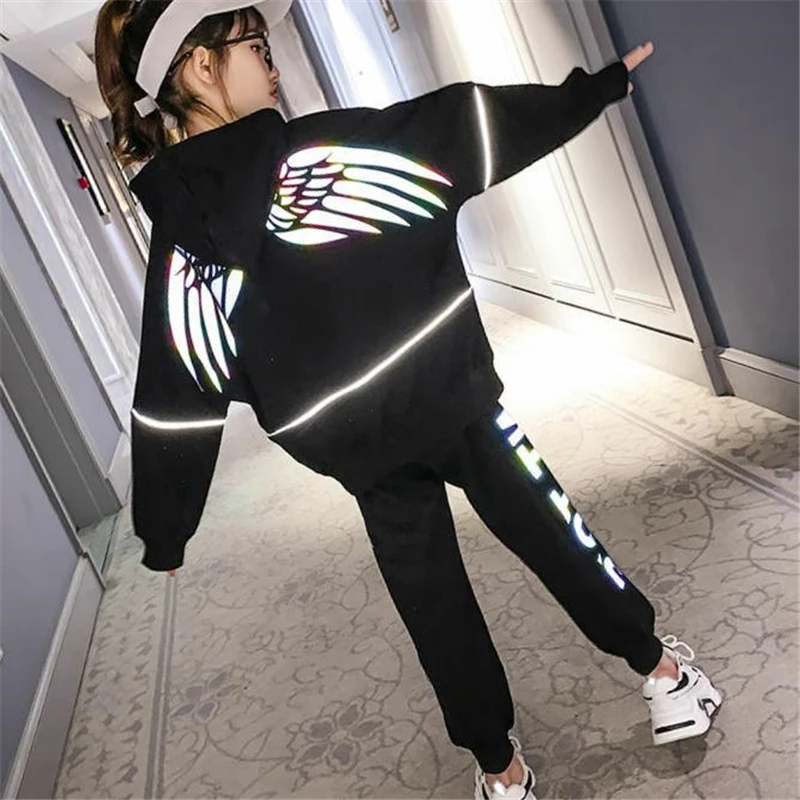 2021 teenager Autumn Children Girl Clothes Suit Reflective Wing Jacket hoodie + Pants 2Pcs tracksuit Kids 6 7 8 9 10 11 12 year | Мать и