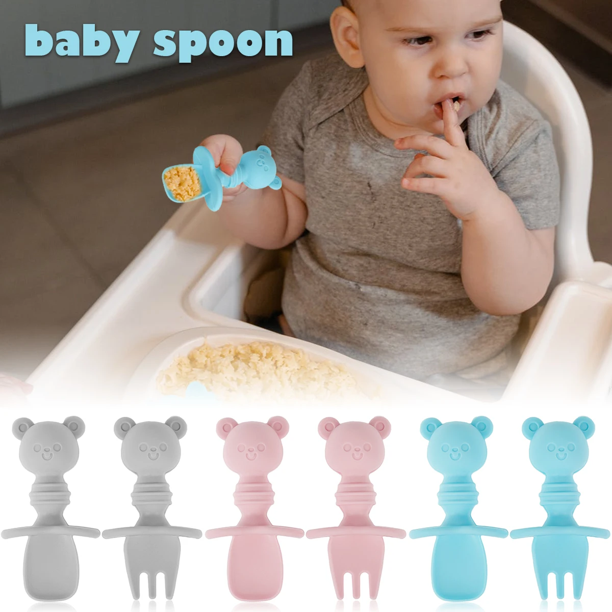 Silicone baby Spoon Cutlery set Self-feeding Without Contain BPA to prevent suffocation suitable for babies over 6 months old
Silicone baby Spoon Cutlery set Self-feeding Without Contain BPA to prevent suffocation suitable for babies over 6 months old