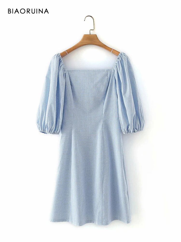 BIAORUINA Women's Light Blue Plaid Casual Short A-line Dress Square Collar Lantern Sleeve Female Prairie Chic Mini Dress Vestido
BIAORUINA Women's Light Blue Plaid Casual Short A-line Dress Square Collar Lantern Sleeve Female Prairie Chic Mini Dress Vestido