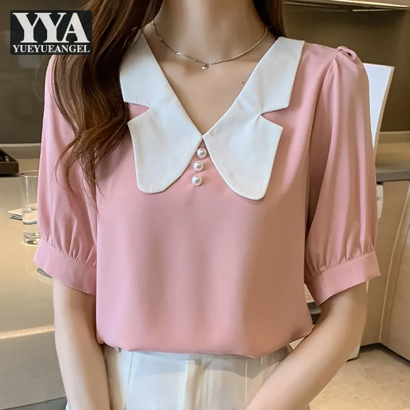 Summer Women Chiffon Shirt Sweet Pink Short Sleeve Mixed Colors Peter Pan Collar Casual Shirts Office Lady Fashion Pullover Tops
Summer Women Chiffon Shirt Sweet Pink Short Sleeve Mixed Colors Peter Pan Collar Casual Shirts Office Lady Fashion Pullover Tops