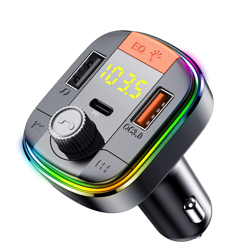 

FM-передатчик Bluetooth-совместимый адаптер 5,0 Цветной Автомобильный MP3-плеер звонки по громкой связи 2 USB-порта с PD QC 3,0 Быстрая зарядка