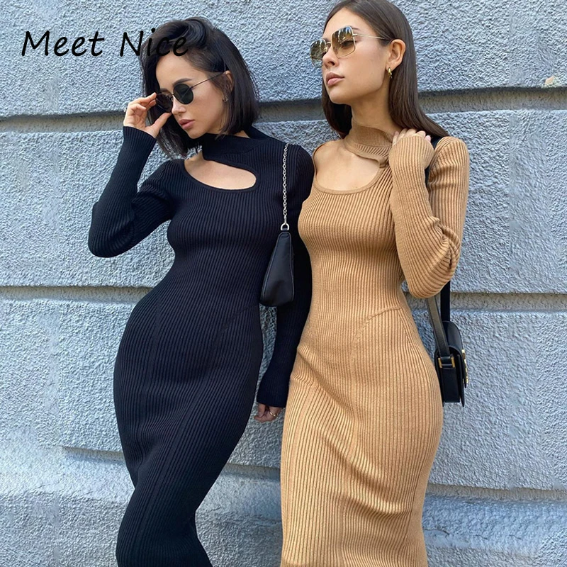 Sexy Women Dress 2022 Knitted Ribbed Long Sleeve Party Midi Wrap Dress Fashion Turtleneck Cut Out Club Autumn Bodycon Dress 
Sexy Women Dress 2022 Knitted Ribbed Long Sleeve Party Midi Wrap Dress Fashion Turtleneck Cut Out Club Autumn Bodycon Dress