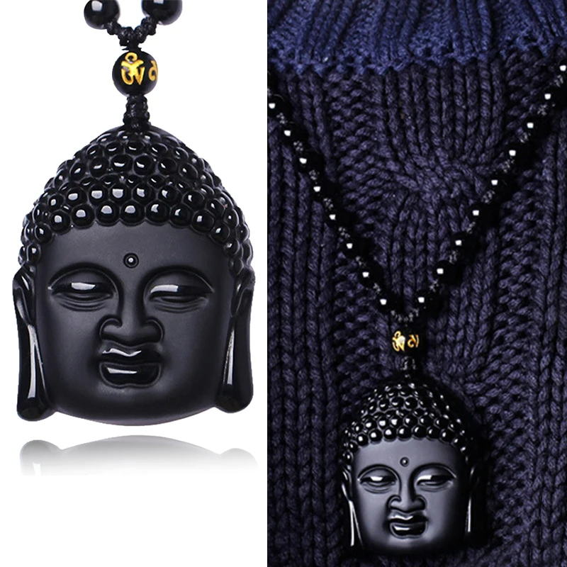 Unique Natural Black Obsidian Carved Buddha Blessing Necklace for Men Women Lucky Amulet Pendant Luck Craft Gift | Украшения и