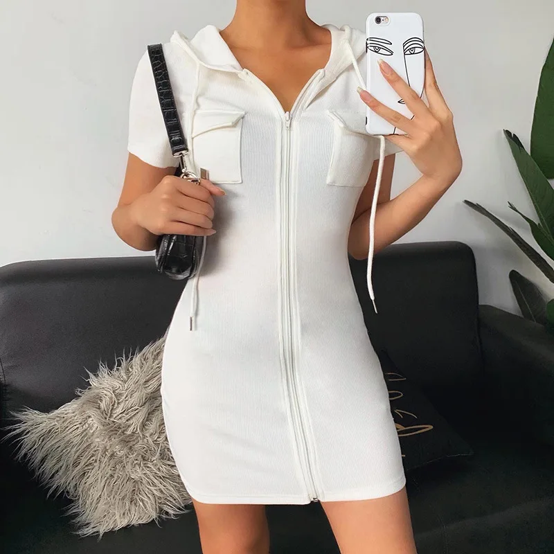 2021 Elegant Hooded Front Zipper White Women Dress Drawstring Pockets Short Sleeve Slim Bodycon Casual Lady Mini Dress Vestidos
2021 Elegant Hooded Front Zipper White Women Dress Drawstring Pockets Short Sleeve Slim Bodycon Casual Lady Mini Dress Vestidos