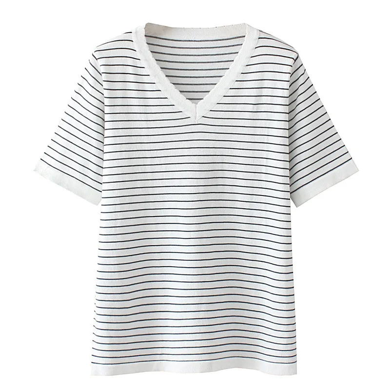 Summer T-Shirt Women Clothes Tees 2021 Casual Plus Size Tops Short Sleeve Ice Knitting V Neck Stripe Camiseta Mujer
Summer T-Shirt Women Clothes Tees 2021 Casual Plus Size Tops Short Sleeve Ice Knitting V Neck Stripe Camiseta Mujer