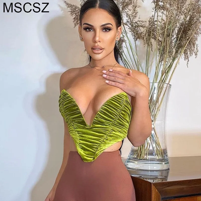 

Green Velvet Strapless Crop Top Women Sweetheart Neckline Bralette Top Camisole Sexy Backless Y2K Top Club Wear