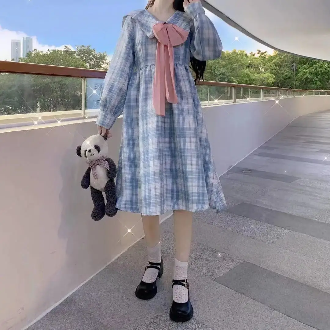 Korean student style women dress Navy collar spring and autumn Plaid Dress Splicing method Bow JK leisure oversize dress
Korean student style women dress Navy collar spring and autumn Plaid Dress Splicing method Bow JK leisure oversize dress