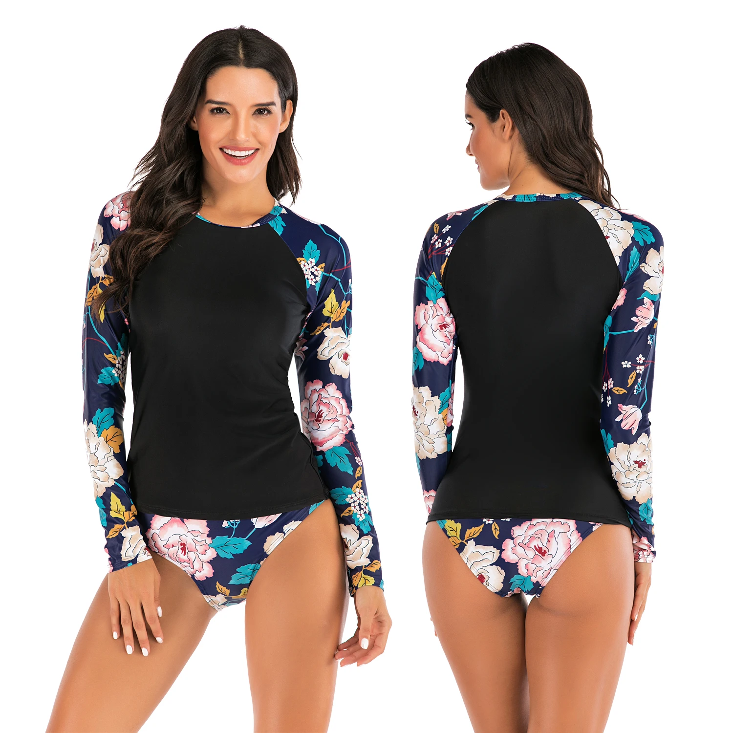 

UV Rashguard Women Long Sleeve Swimsuit Sun Protection Rash Guard Zipper SwimwearTwo Pieces Print Surf Shirt Top Spa Bating