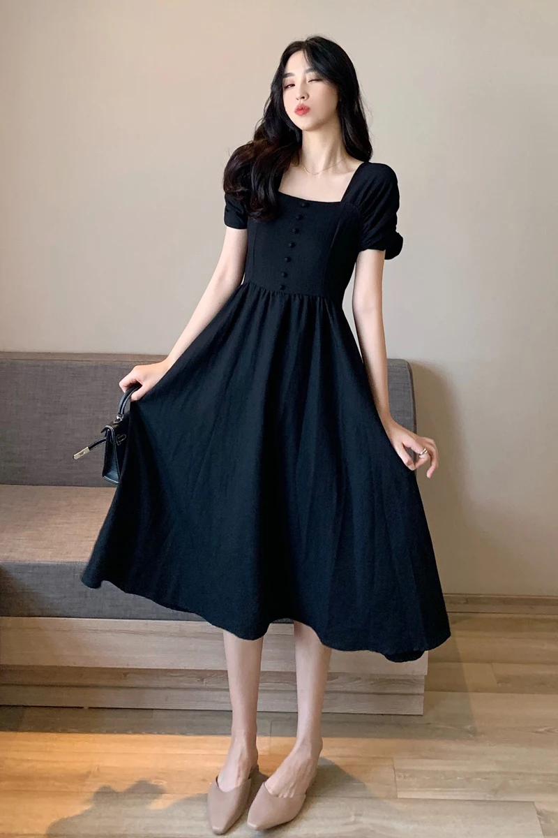 COIGARSAM French Style Women dress Vintage Square Collar High Waist Dresses Black 36831
COIGARSAM French Style Women dress Vintage Square Collar High Waist Dresses Black 36831