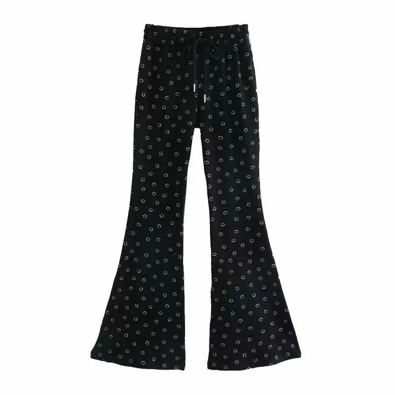 

Fashion Street Women's High Waist Elastic Pull-out Cotton Bow Tie with Smiley Print Flared Pants Casual Pants for Women Trousers