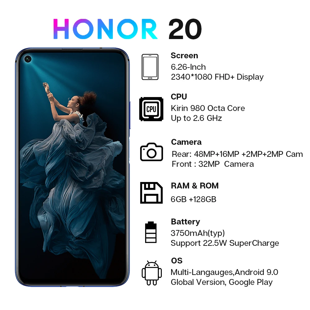 Смартфон Honor 20 6 ГБ + 128 Гб восемь ядер четыре камеры 48 МП экран 26 дюйма|Смартфоны| |