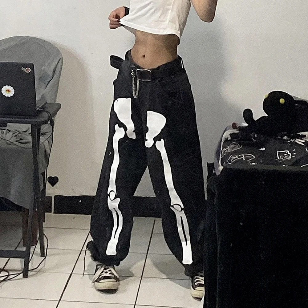 Gothic Punk Skeleton Print Pants Y2K Grunge Vintage Demin Women High Waist Loose Baggy Pants Cargo Trousers Harajuku Streetwear
Gothic Punk Skeleton Print Pants Y2K Grunge Vintage Demin Women High Waist Loose Baggy Pants Cargo Trousers Harajuku Streetwear
