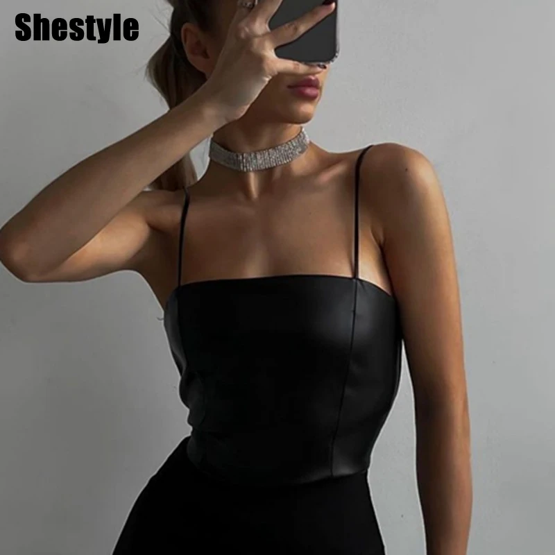 Shestyle PU Faux Leather Back Zipper Crop Tops Women Spaghetti Strap Sleeveless Backless Black Solid Camis Sexy Sweet Slim
Shestyle PU Faux Leather Back Zipper Crop Tops Women Spaghetti Strap Sleeveless Backless Black Solid Camis Sexy Sweet Slim
