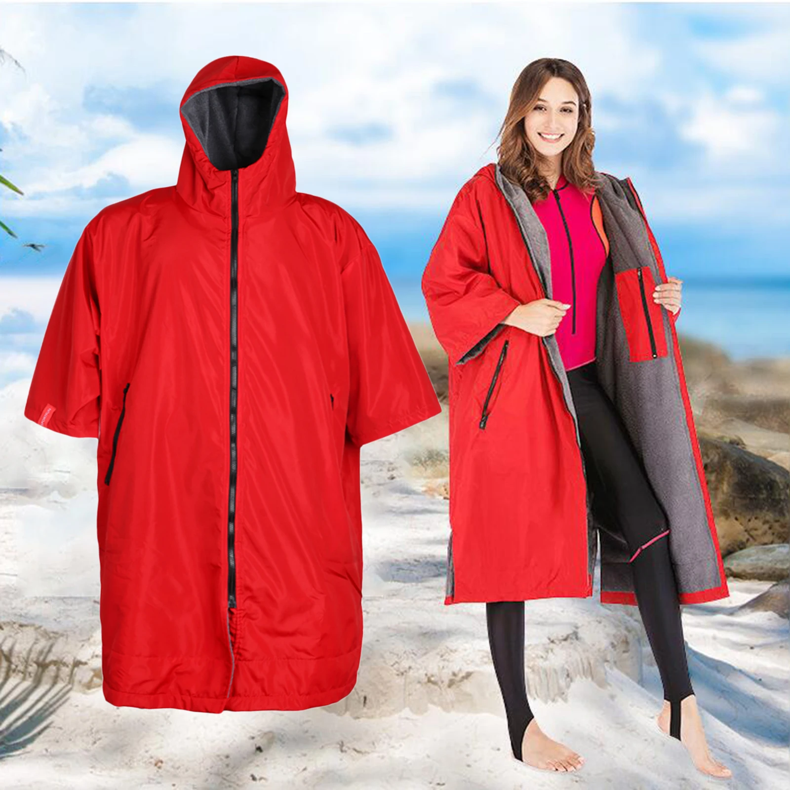 Waterproof Surf Changing Robe Outdoor Coat Fleece Lined Jacket Keeping Warm Dry Oversized Poncho for Swimming Surfing Beach | Спорт и
