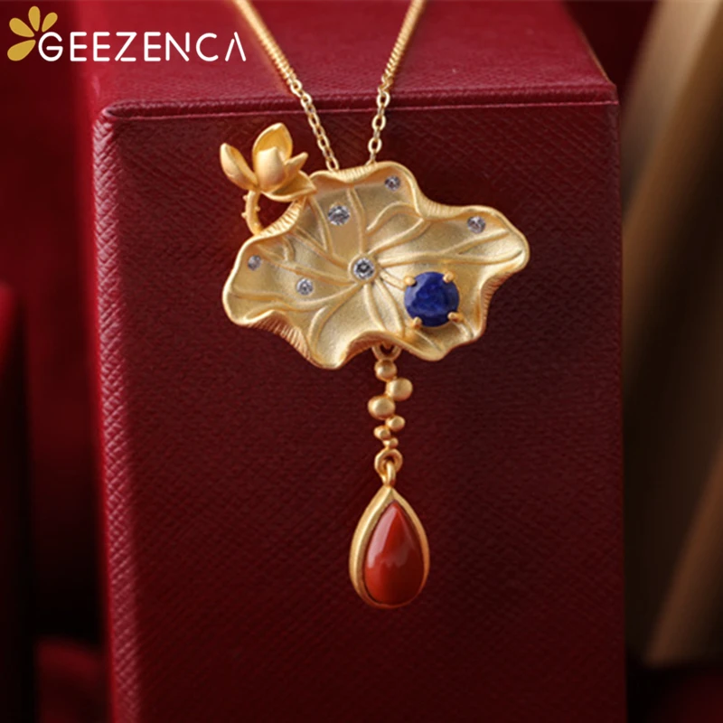 S925 Silver Gold Plated Lotus Water Drop Agate Women's Pendant Necklace Artistic Flower Leaf Trendy Brooch Pendant Fine Jewelry 
S925 Silver Gold Plated Lotus Water Drop Agate Women's Pendant Necklace Artistic Flower Leaf Trendy Brooch Pendant Fine Jewelry
