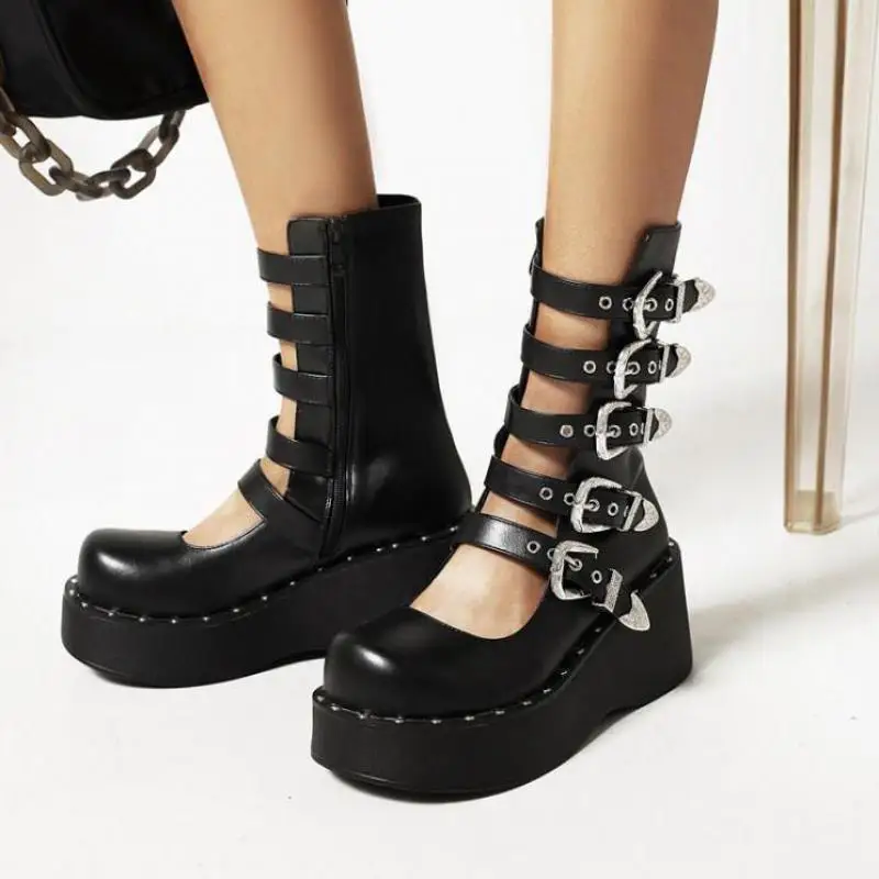 Platform Boots Female 2021 New Strap Hollow Roman Thick Soled Wedges Buckle Short Boots Black Punk Shoes Women Botas Mujer
Platform Boots Female 2021 New Strap Hollow Roman Thick Soled Wedges Buckle Short Boots Black Punk Shoes Women Botas Mujer