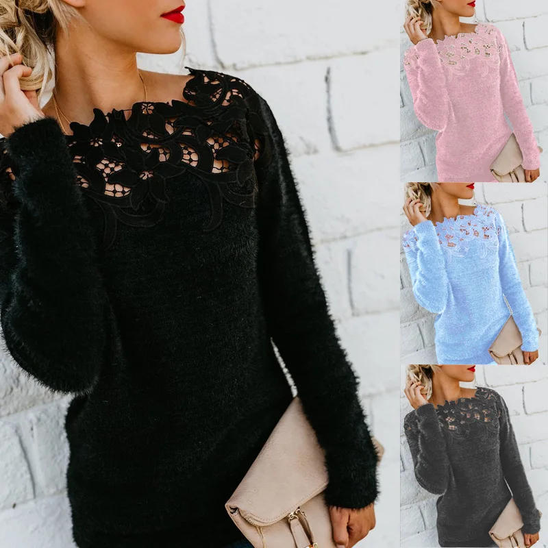 2020Hot selling European and American women's solid color stitching lace long sleeve sweater 
2020Hot selling European and American women's solid color stitching lace long sleeve sweater