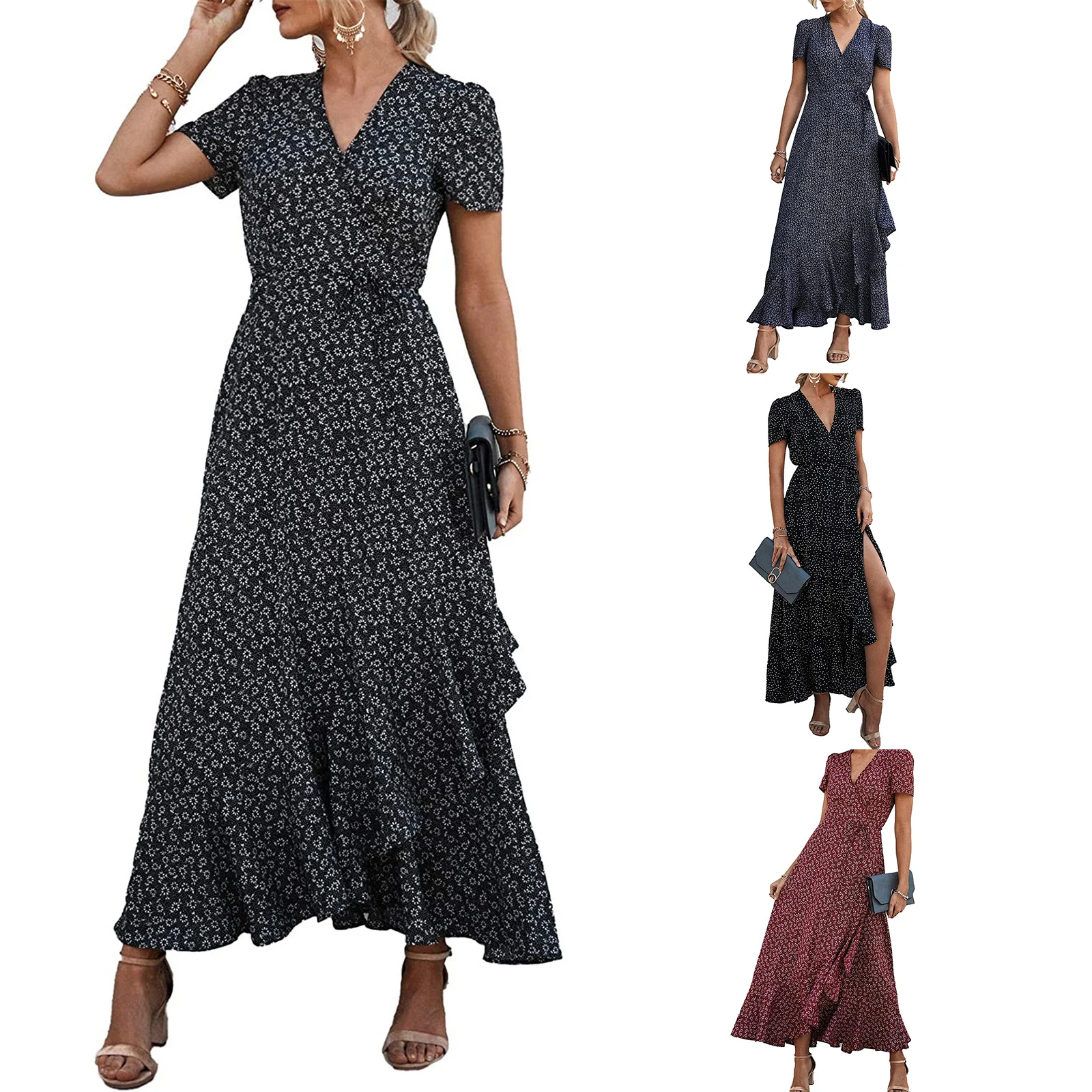Women Short Sleeve Slit Dress Printed Pattern Deep V-neck Ruffled Hem Navy/ Black/ Wine Red
Women Short Sleeve Slit Dress Printed Pattern Deep V-neck Ruffled Hem Navy/ Black/ Wine Red