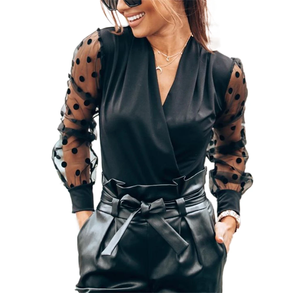 Женский топ с сетчатыми рукавами, повседневный топ в горошек, весна-осень 2020 
Женский топ с сетчатыми рукавами, повседневный топ в горошек, весна-осень 2020