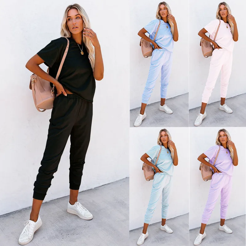 

2021Women's summer new spring and summer fashion casual short sleeve round neck European and American solid color suit