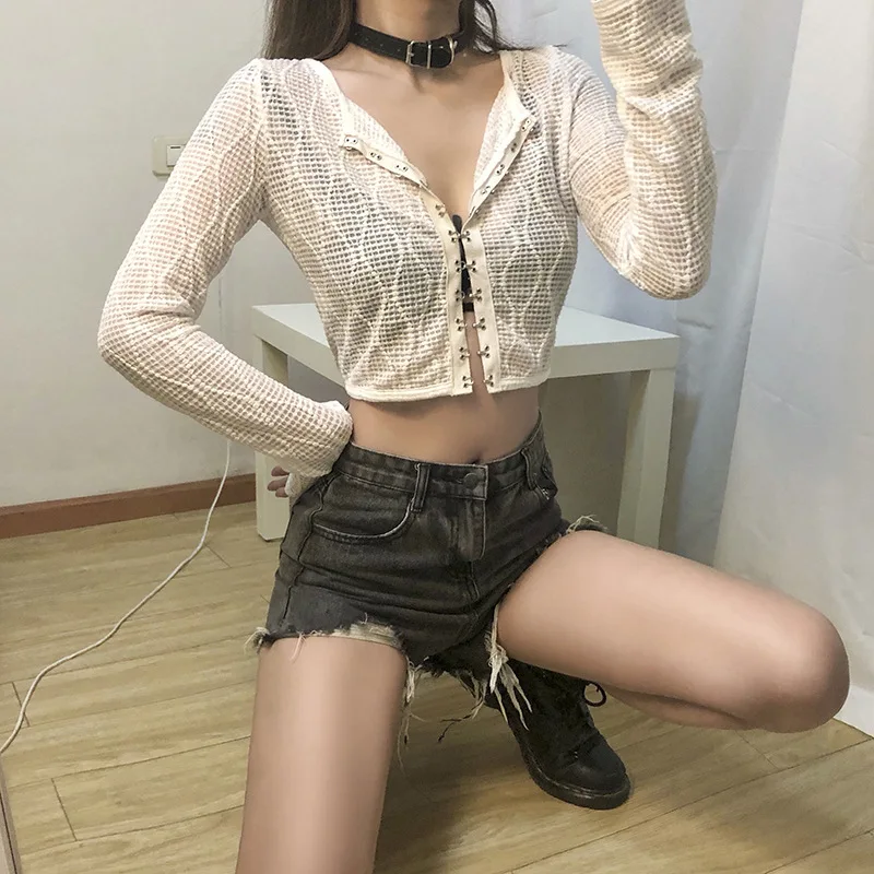 NCLAGEN Women Long Sleeve Cardigans Style Fitness See Through T Shirt Navel Bare Crop Top Bodycon Tshirt Streetwear Outfit Tees | Женская