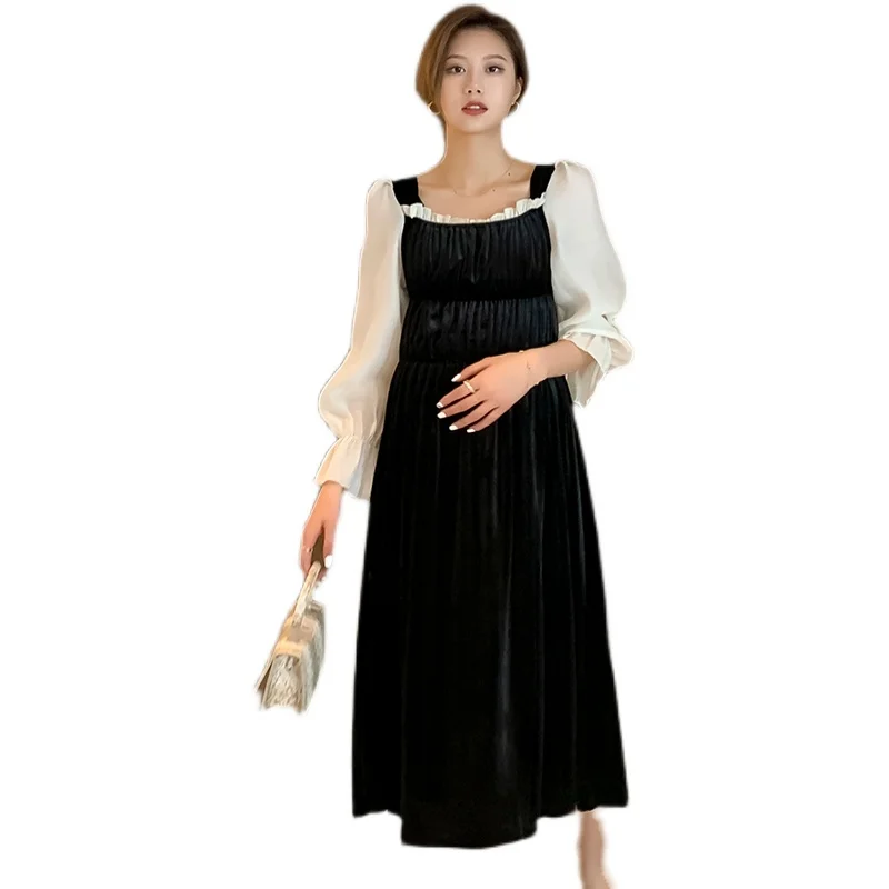 708# 2021 Spring Pleuche Patchwork Maternity Long Dress Korean Fashion Sweet A Line Loose Clothes for Pregnant Women Pregnancy 
708# 2021 Spring Pleuche Patchwork Maternity Long Dress Korean Fashion Sweet A Line Loose Clothes for Pregnant Women Pregnancy