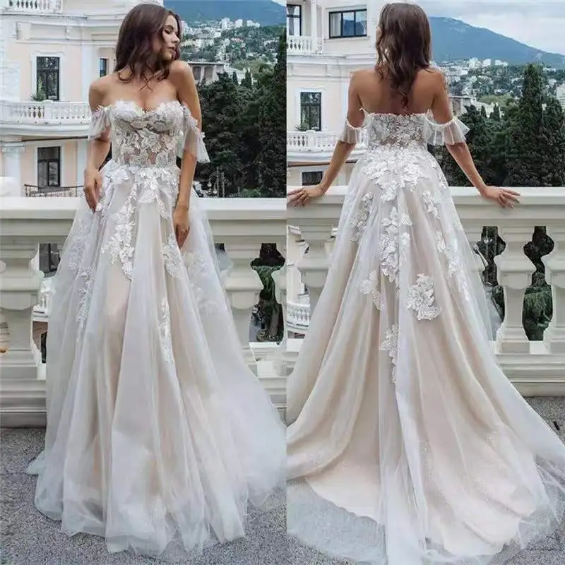 11602#Sweetheart Bohemian Lace Applique Sweep Train Tulle Illusion Short Sleeve A-Line Wedding Dress Wedding Gown Bridal Gown
11602#Sweetheart Bohemian Lace Applique Sweep Train Tulle Illusion Short Sleeve A-Line Wedding Dress Wedding Gown Bridal Gown