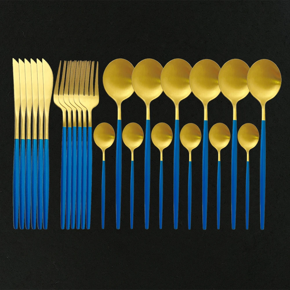 24Pcs Matte Stainless Steel Cutlery Set Dinnerware Set Blue Gold Knife Fork Spoon Silverware Kitchen Party Dinner Tableware Set
24Pcs Matte Stainless Steel Cutlery Set Dinnerware Set Blue Gold Knife Fork Spoon Silverware Kitchen Party Dinner Tableware Set
