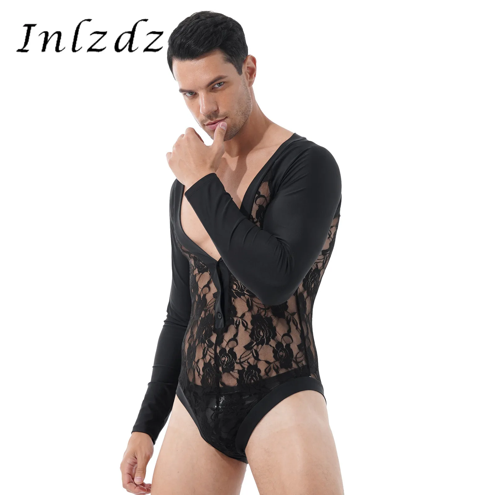 Men See-through Floral Lace Patchwork Lingerie Sexy Bodysuit Deep V Neck Long Sleeve Button Male Leotard Jumpsuit Nightwear
Men See-through Floral Lace Patchwork Lingerie Sexy Bodysuit Deep V Neck Long Sleeve Button Male Leotard Jumpsuit Nightwear
