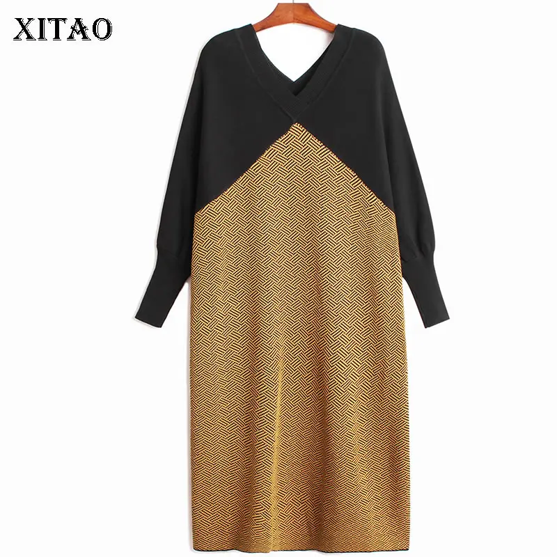 

XITAO New Knitting Dress Fashion Contrast Color Weaving Pattern Vintage V-neck Batwing Sleeve Loose Lazy Style Women WMD3786