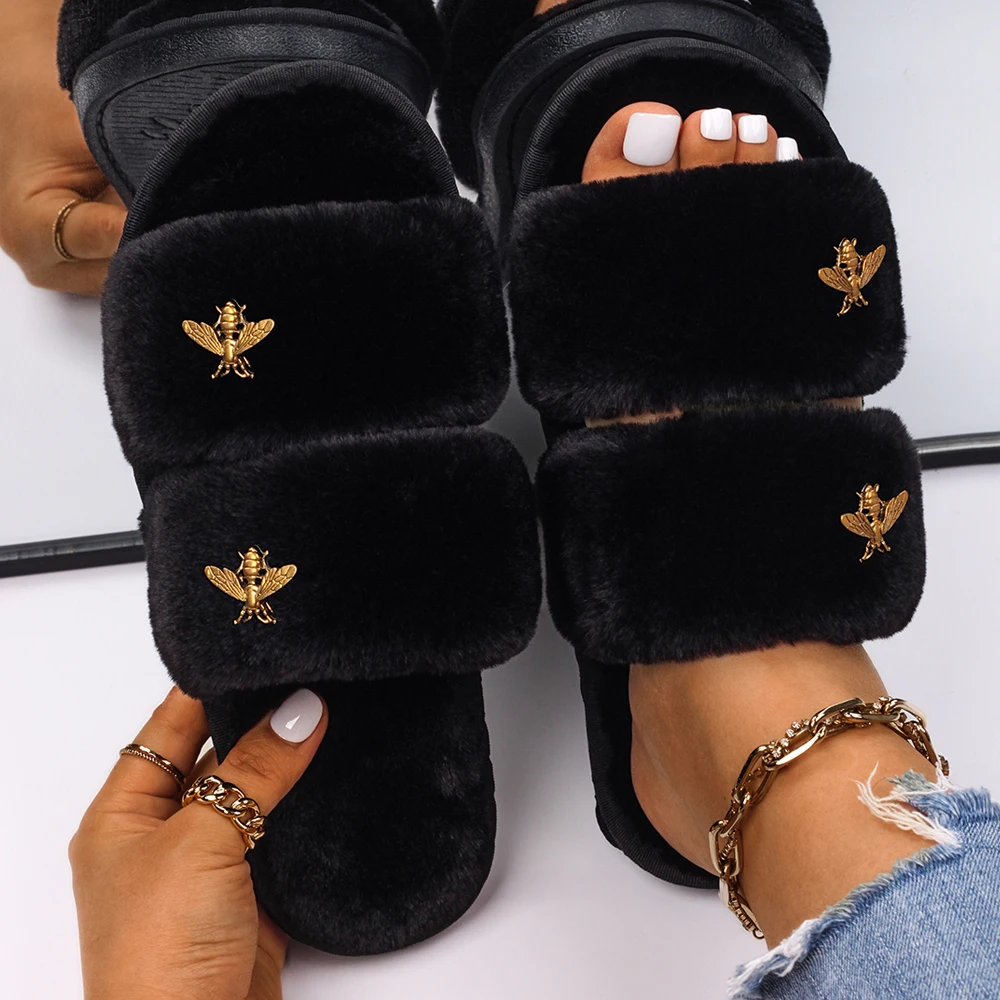 Women's Slippers Gold Metal Cute Insect Fluffy Faux Fur Slides Flat Sandals Custom Winter Slippers Flip Flops Designer Shoes
Women's Slippers Gold Metal Cute Insect Fluffy Faux Fur Slides Flat Sandals Custom Winter Slippers Flip Flops Designer Shoes