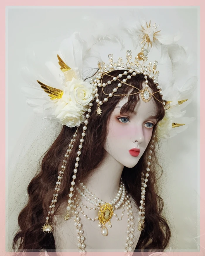 Goddess Halo Hair Crown Flower Wedding Angel Feather Wing Headband Ancient Lolita Gorgeous Baroque Pearl tassel Tiara Headdress
Goddess Halo Hair Crown Flower Wedding Angel Feather Wing Headband Ancient Lolita Gorgeous Baroque Pearl tassel Tiara Headdress