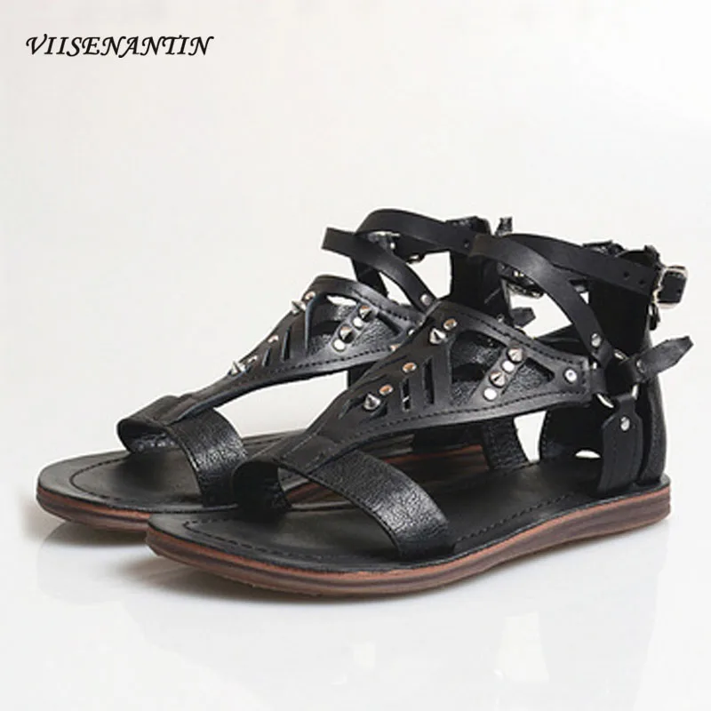 Rivet open toe Roman sandals summer new British style leather black casual fashion flat sandals women
Rivet open toe Roman sandals summer new British style leather black casual fashion flat sandals women