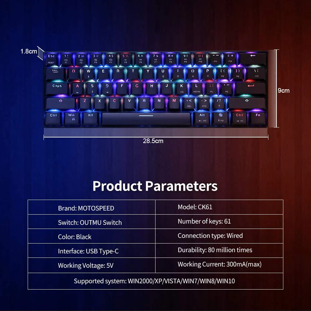CK61 Wired Keyboard Portable USB RGB LED Backlight 61 Keys Mechanical Gaming Keypad for Computer Gamer Home Office
CK61 Wired Keyboard Portable USB RGB LED Backlight 61 Keys Mechanical Gaming Keypad for Computer Gamer Home Office