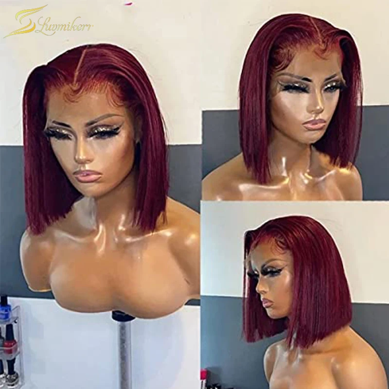 

Red Burgundy 99j Straight Lace Front Wig Colored Human Hair Bob Wig Short Blunt Cut Pixie Full HD Lace Frontal Wigs For Women