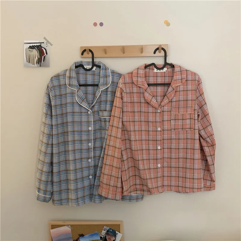 spring autumn plaid home set lapel collar shirt pants pijamas set loose sleepwear lounge wear homewear women home clothes Y297 
spring autumn plaid home set lapel collar shirt pants pijamas set loose sleepwear lounge wear homewear women home clothes Y297