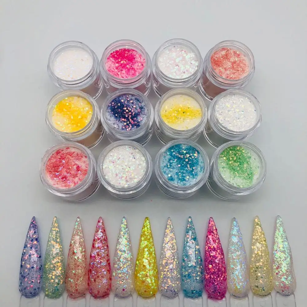 

10G/Jar Mix Size Glitter Nail Acrylic Powder,Iridescent Nail Art Acrylic Sequins,Hexagon Crystal Chunky Flakes Nail Glitter FA12