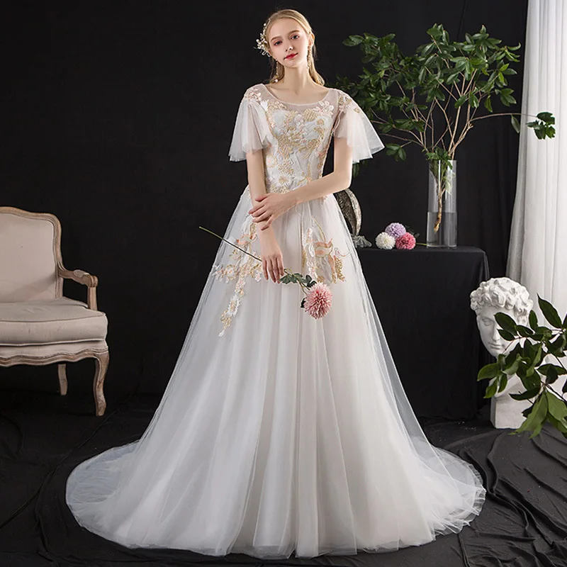 

EZKUNTZA Luxury O Neck Flare Sleeve 2022 New Wedding Dress Lace Applique Plus Size With Train Bride Gown Vestido De Noiva L